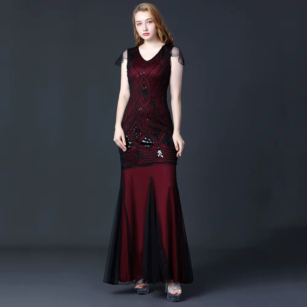 Elegant V-Neck Backless Natural Fiber sequin Long maxi Desses