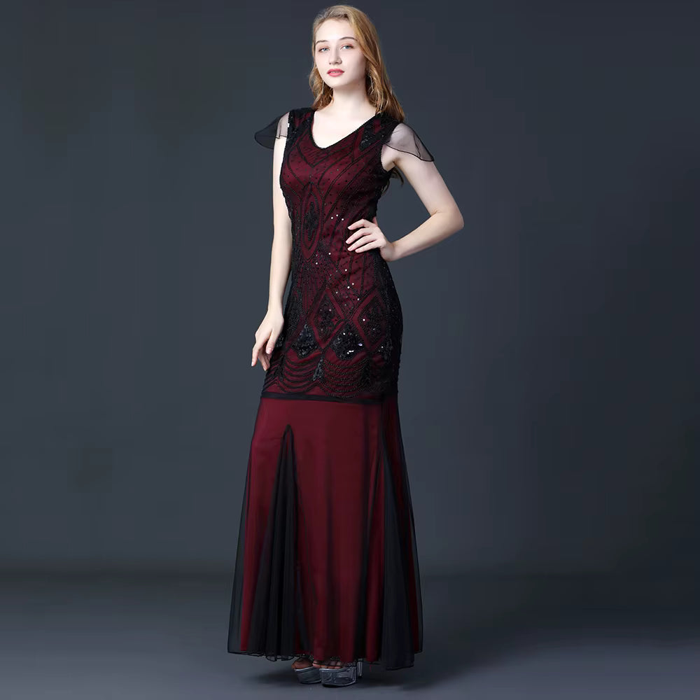 Elegant V-Neck Backless Natural Fiber sequin Long maxi Desses