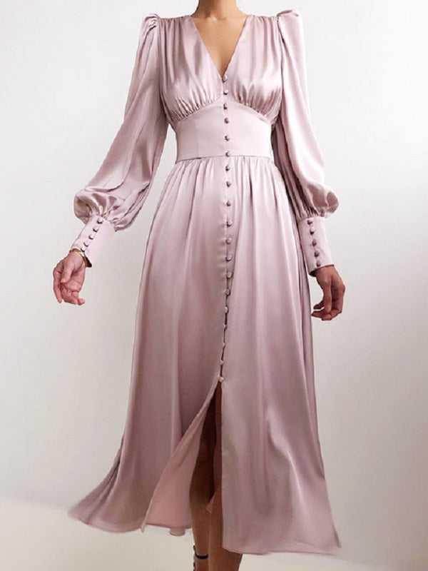 Elegant V Neck Buttons Long Sleeve Maxi Dress