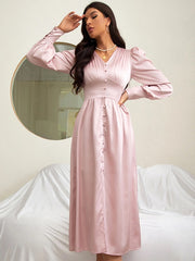 Elegant V Neck Buttons Long Sleeve Maxi Dress