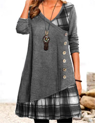 Elegant V-Neck Buttons Long Sleeve Pullover Everyday Loose Party Dress