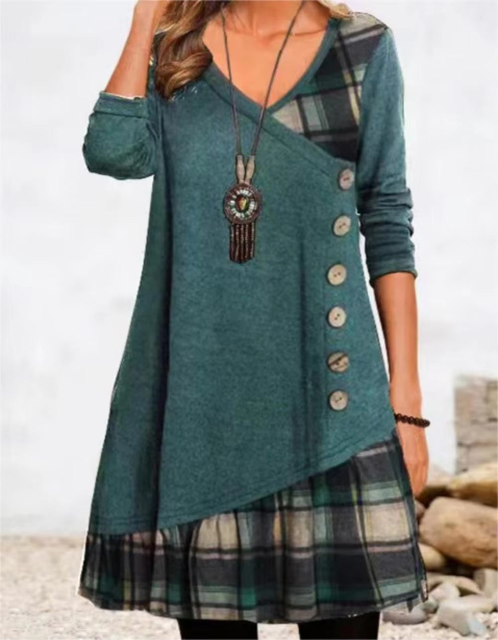 Elegant V-Neck Buttons Long Sleeve Pullover Everyday Loose Party Dress