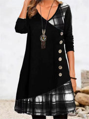 Elegant V-Neck Buttons Long Sleeve Pullover Everyday Loose Party Dress