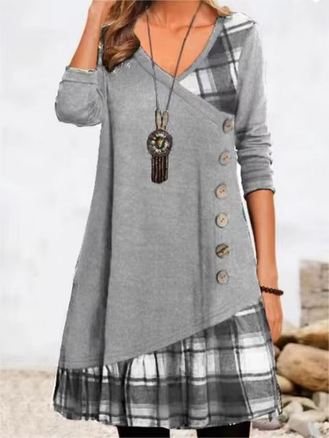 Elegant V-Neck Buttons Long Sleeve Pullover Everyday Loose Party Dress