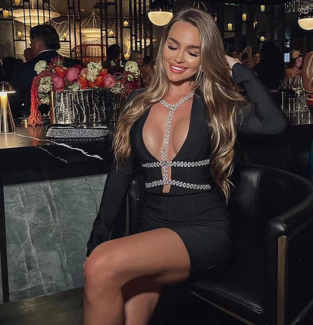 Elegant V-Neck Diamond ChainLong Sleeves Mini Dress