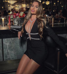 Elegant V-Neck Diamond ChainLong Sleeves Mini Dress