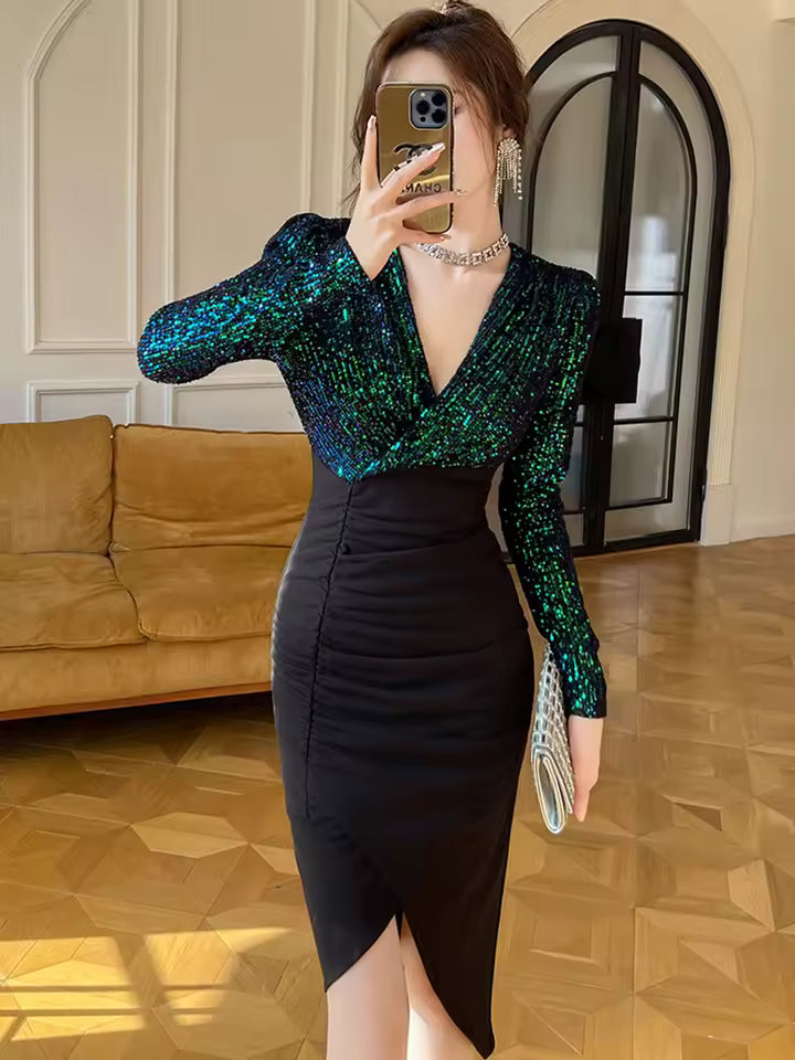 Elegant V-Neck Fake 2-Piece Sparkly Sequin Splic Irregular Evening Mini Dress