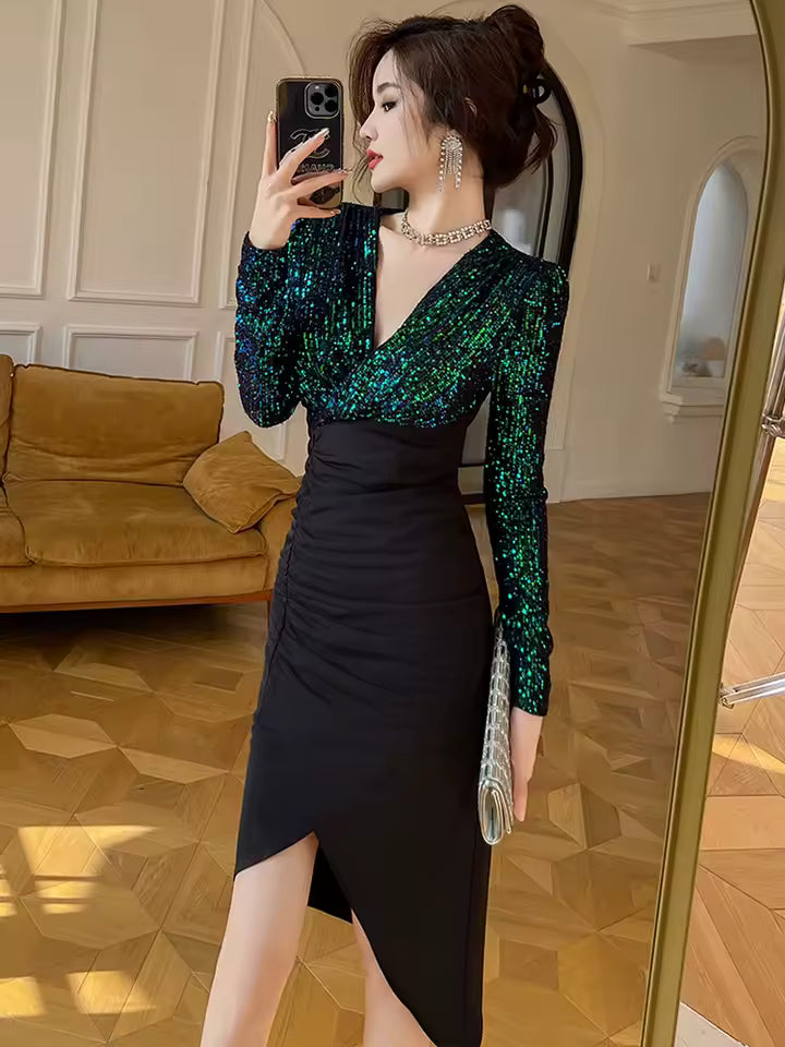 Elegant V-Neck Fake 2-Piece Sparkly Sequin Splic Irregular Evening Mini Dress