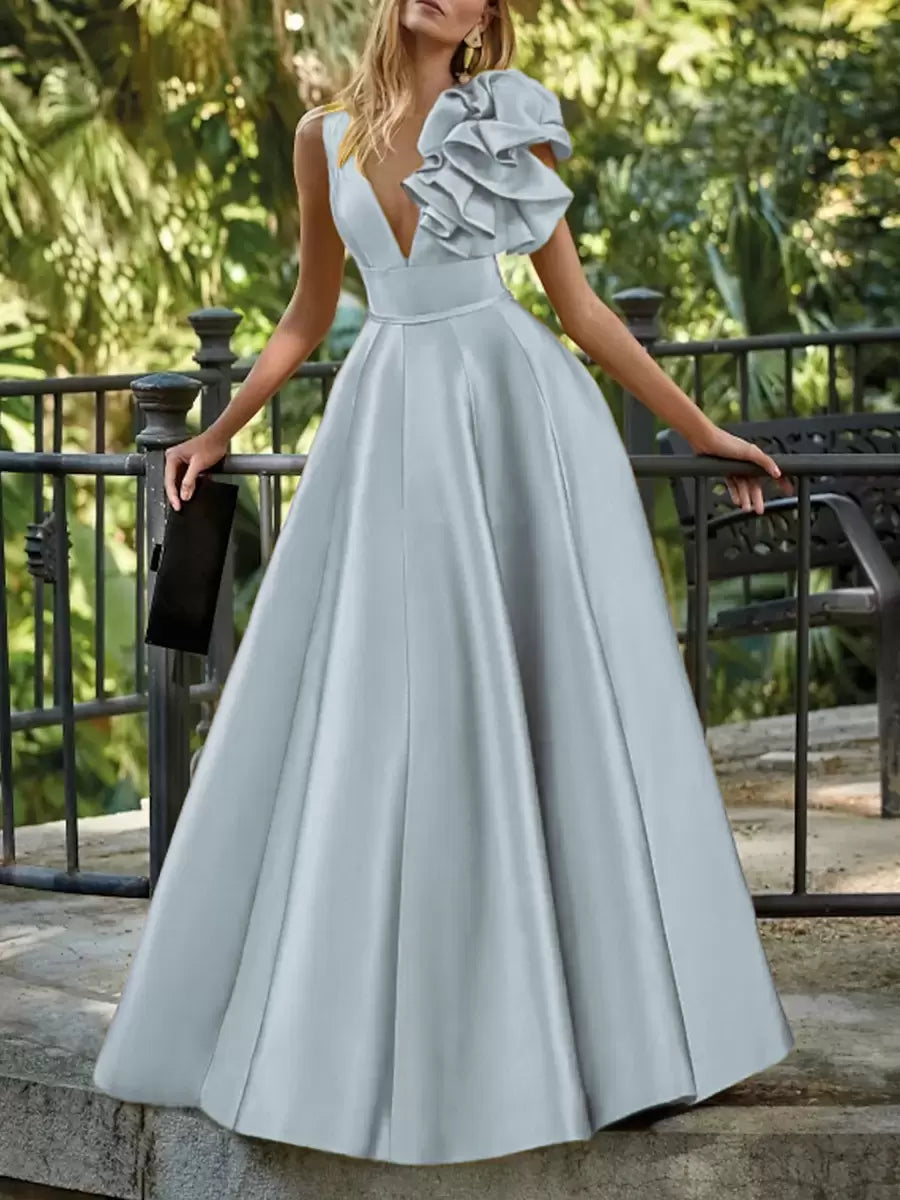 Elegant V-Neck Floor-Length Sleeveless Zipper Flowers Satin Ball Gown