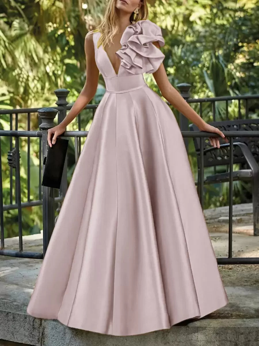 Elegant V-Neck Floor-Length Sleeveless Zipper Flowers Satin Ball Gown