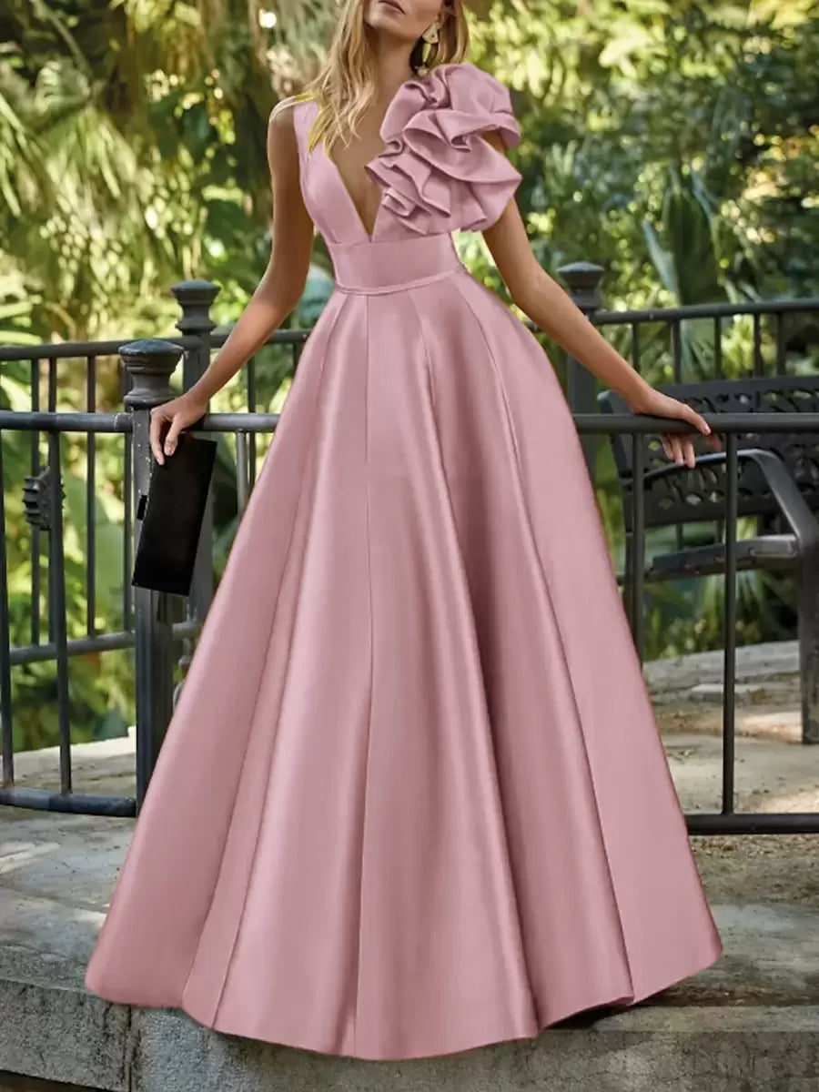 Elegant V-Neck Floor-Length Sleeveless Zipper Flowers Satin Ball Gown