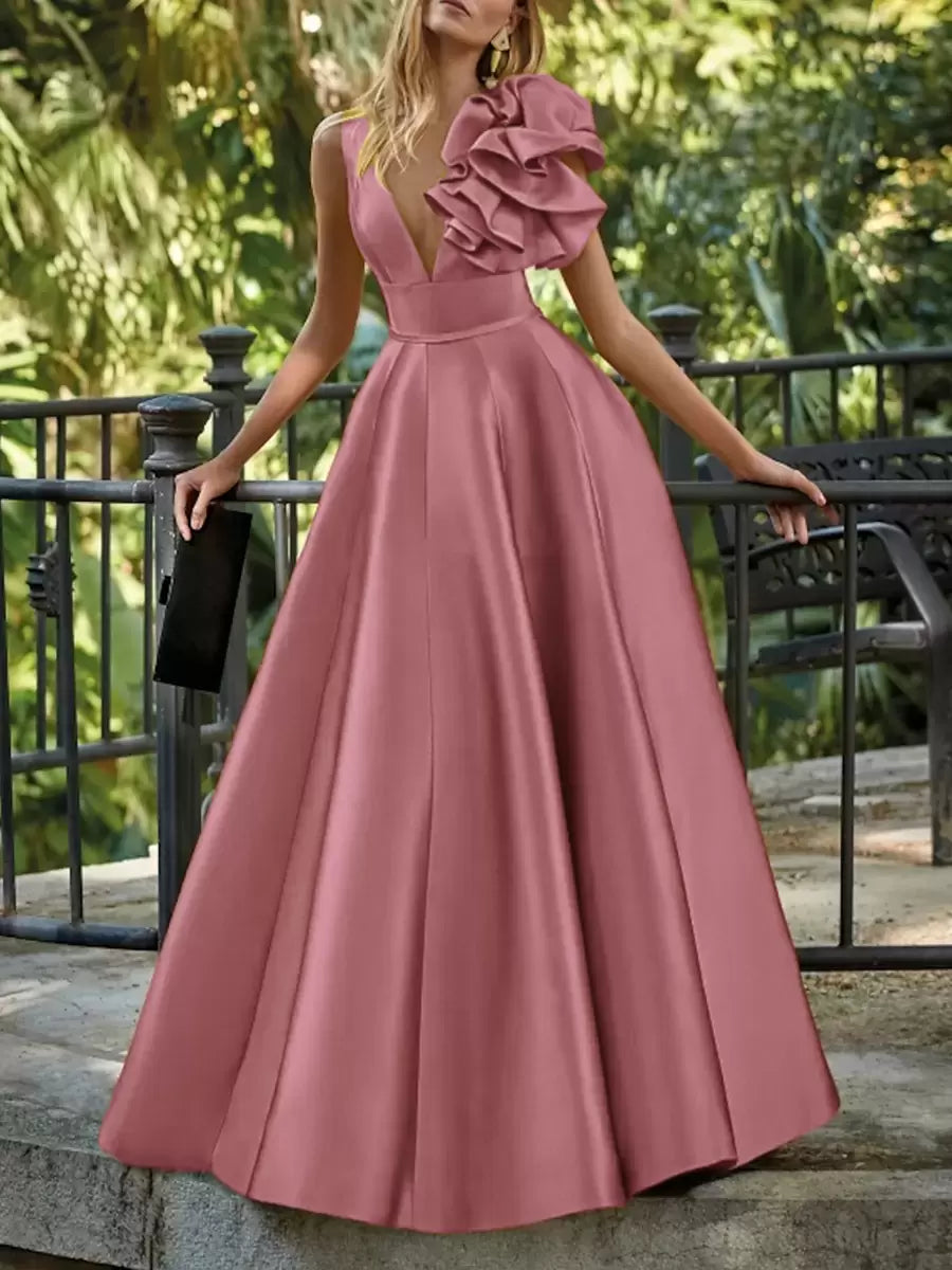 Elegant V-Neck Floor-Length Sleeveless Zipper Flowers Satin Ball Gown