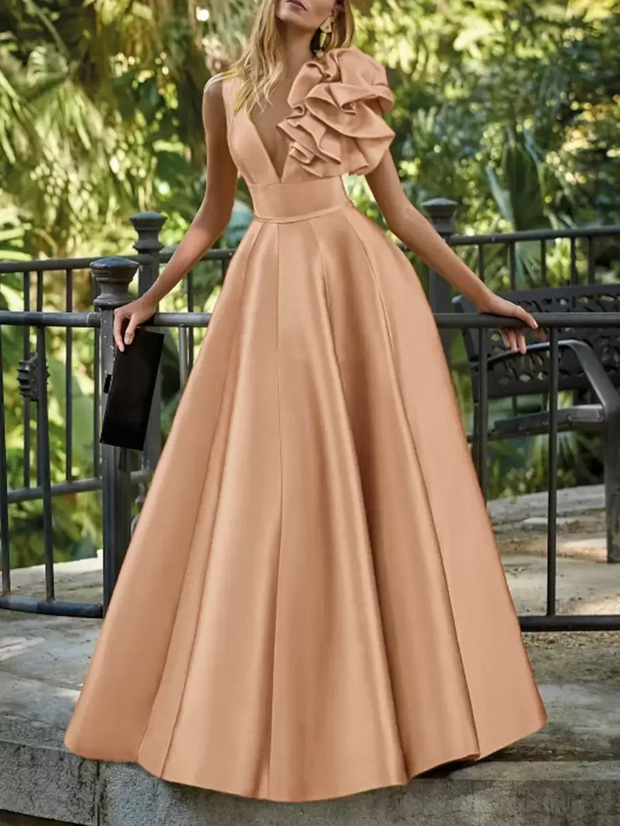 Elegant V-Neck Floor-Length Sleeveless Zipper Flowers Satin Ball Gown
