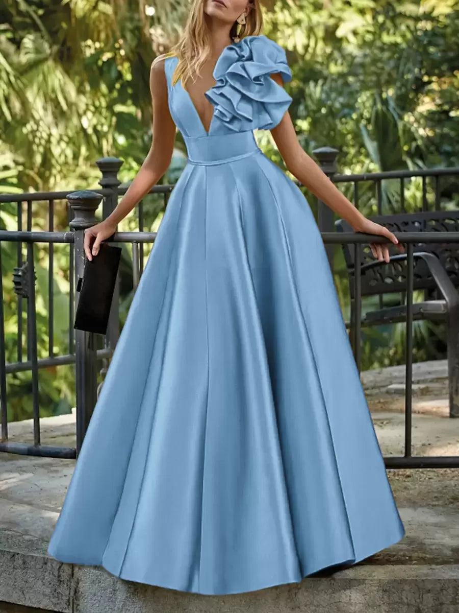 Elegant V-Neck Floor-Length Sleeveless Zipper Flowers Satin Ball Gown