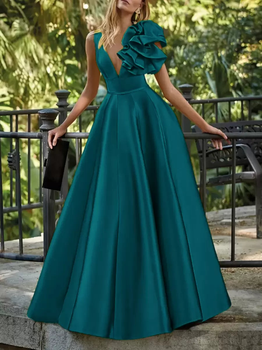 Elegant V-Neck Floor-Length Sleeveless Zipper Flowers Satin Ball Gown