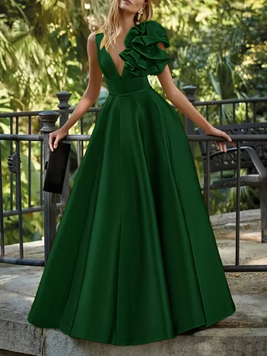 Elegant V-Neck Floor-Length Sleeveless Zipper Flowers Satin Ball Gown