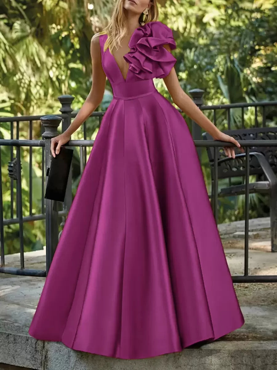 Elegant V-Neck Floor-Length Sleeveless Zipper Flowers Satin Ball Gown