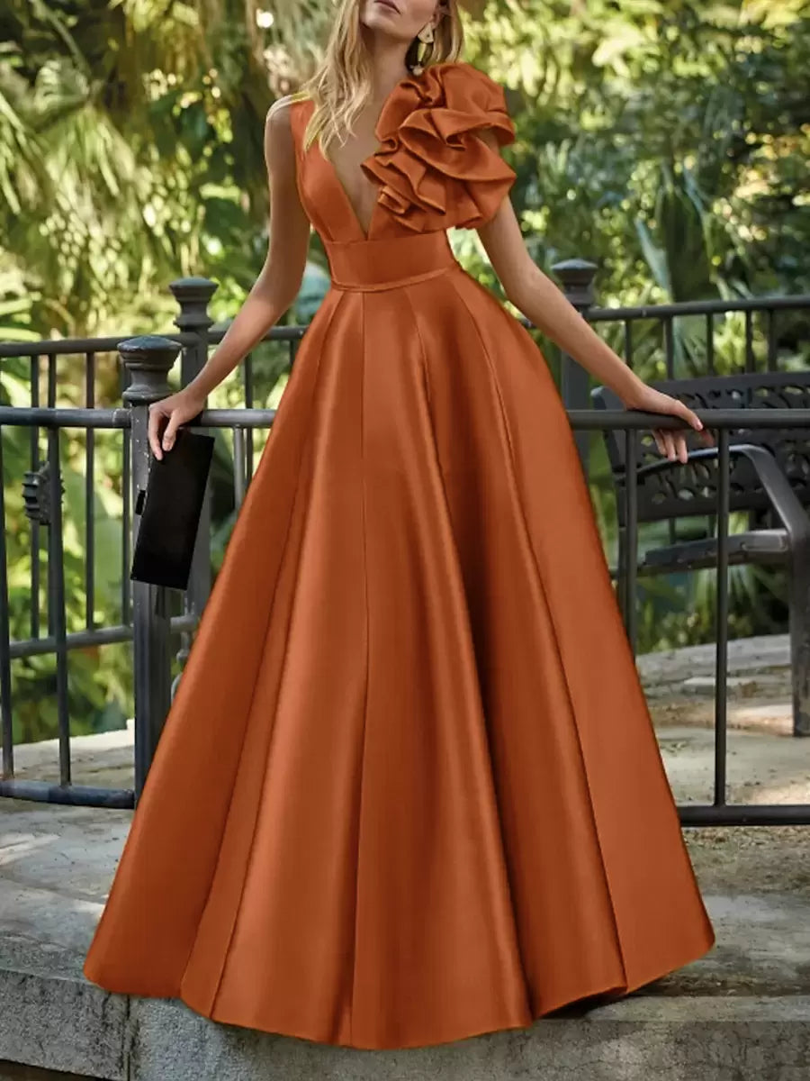 Elegant V-Neck Floor-Length Sleeveless Zipper Flowers Satin Ball Gown