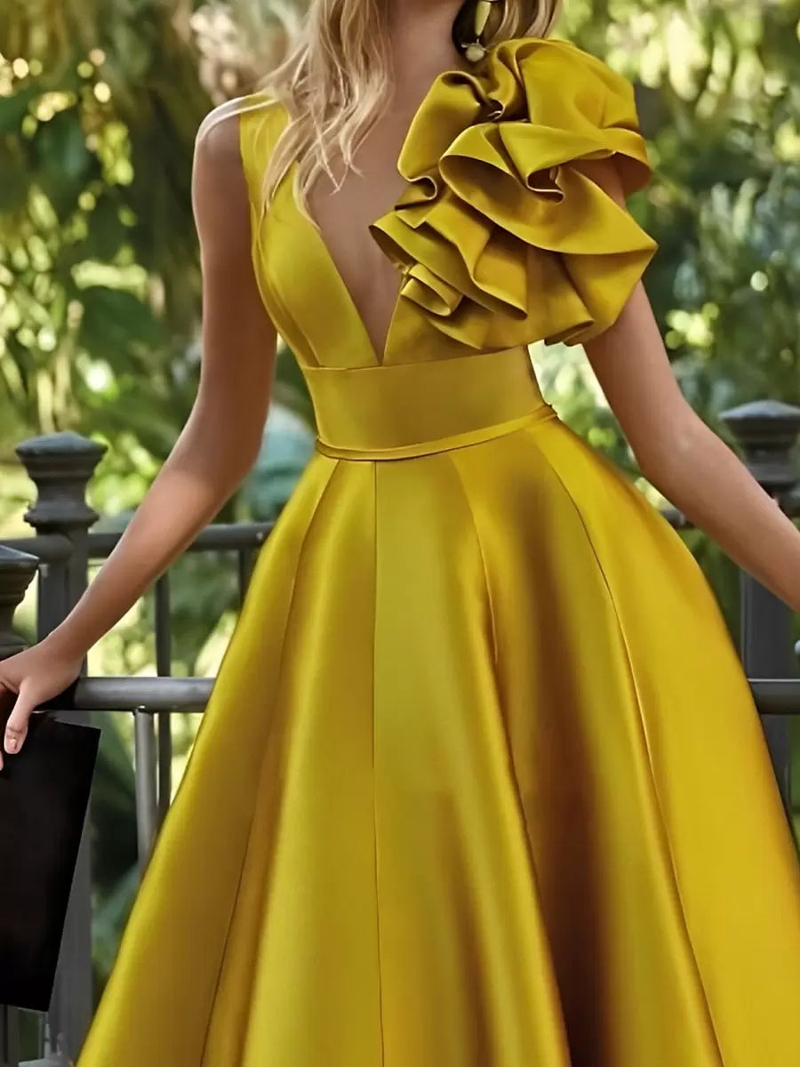 Elegant V-Neck Floor-Length Sleeveless Zipper Flowers Satin Ball Gown