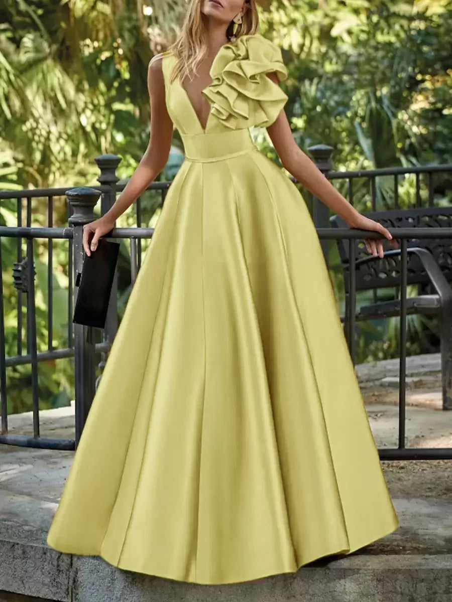 Elegant V-Neck Floor-Length Sleeveless Zipper Flowers Satin Ball Gown