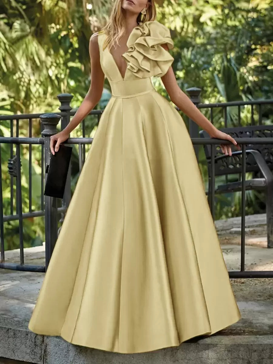 Elegant V-Neck Floor-Length Sleeveless Zipper Flowers Satin Ball Gown