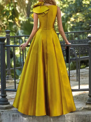 Elegant V-Neck Floor-Length Sleeveless Zipper Flowers Satin Ball Gown