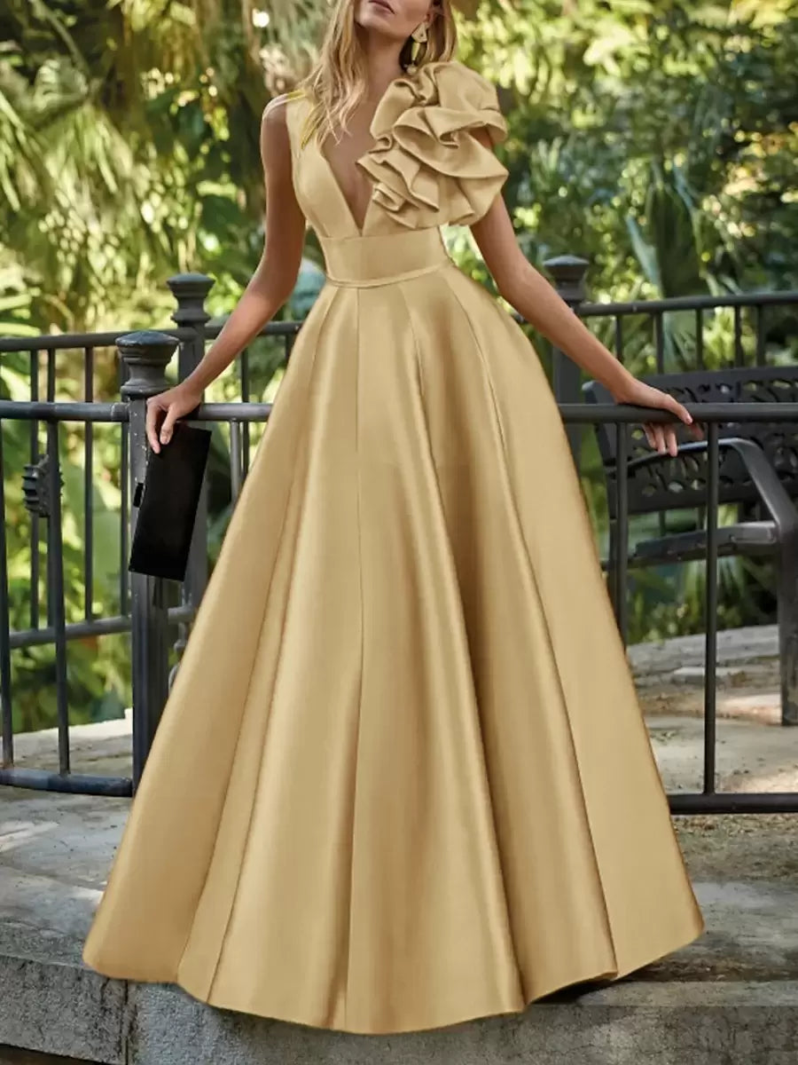 Elegant V-Neck Floor-Length Sleeveless Zipper Flowers Satin Ball Gown