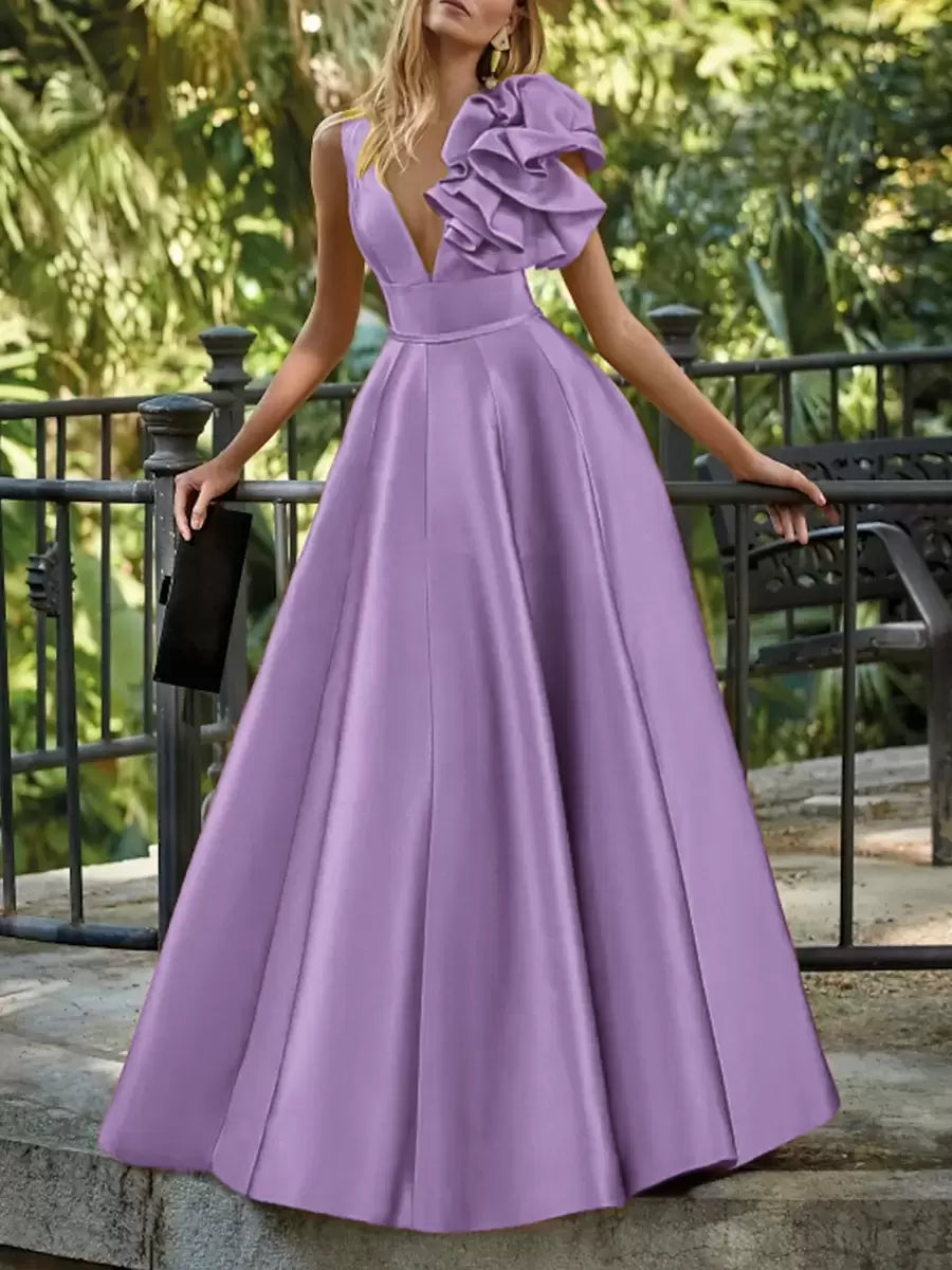 Elegant V-Neck Floor-Length Sleeveless Zipper Flowers Satin Ball Gown