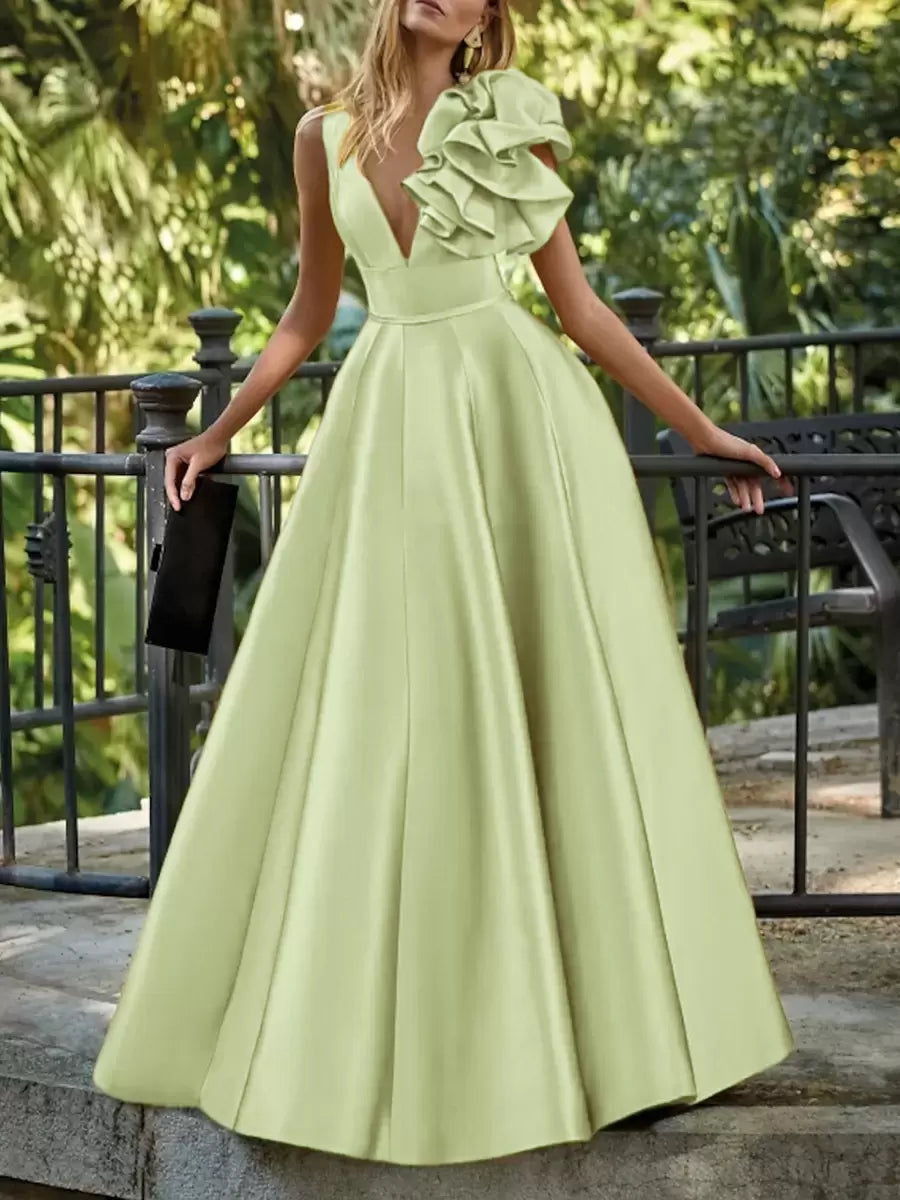 Elegant V-Neck Floor-Length Sleeveless Zipper Flowers Satin Ball Gown