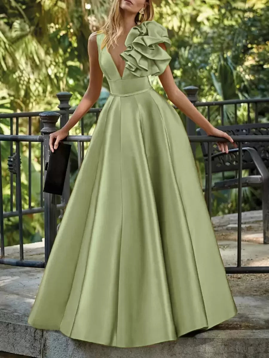Elegant V-Neck Floor-Length Sleeveless Zipper Flowers Satin Ball Gown