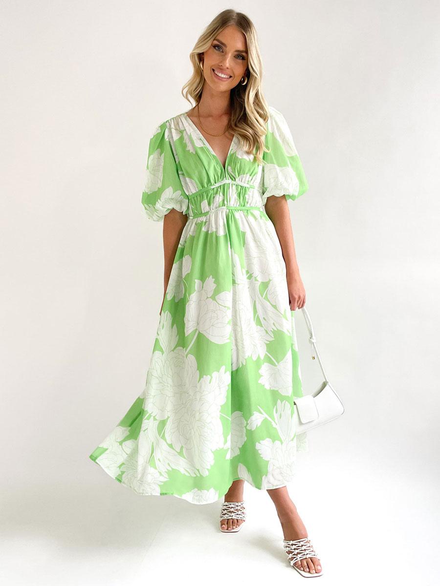 Elegant V-Neck Floral Print Long Beach Dress
