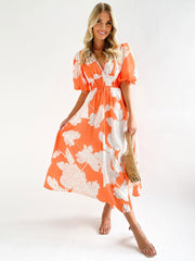 Elegant V-Neck Floral Print Long Beach Dress