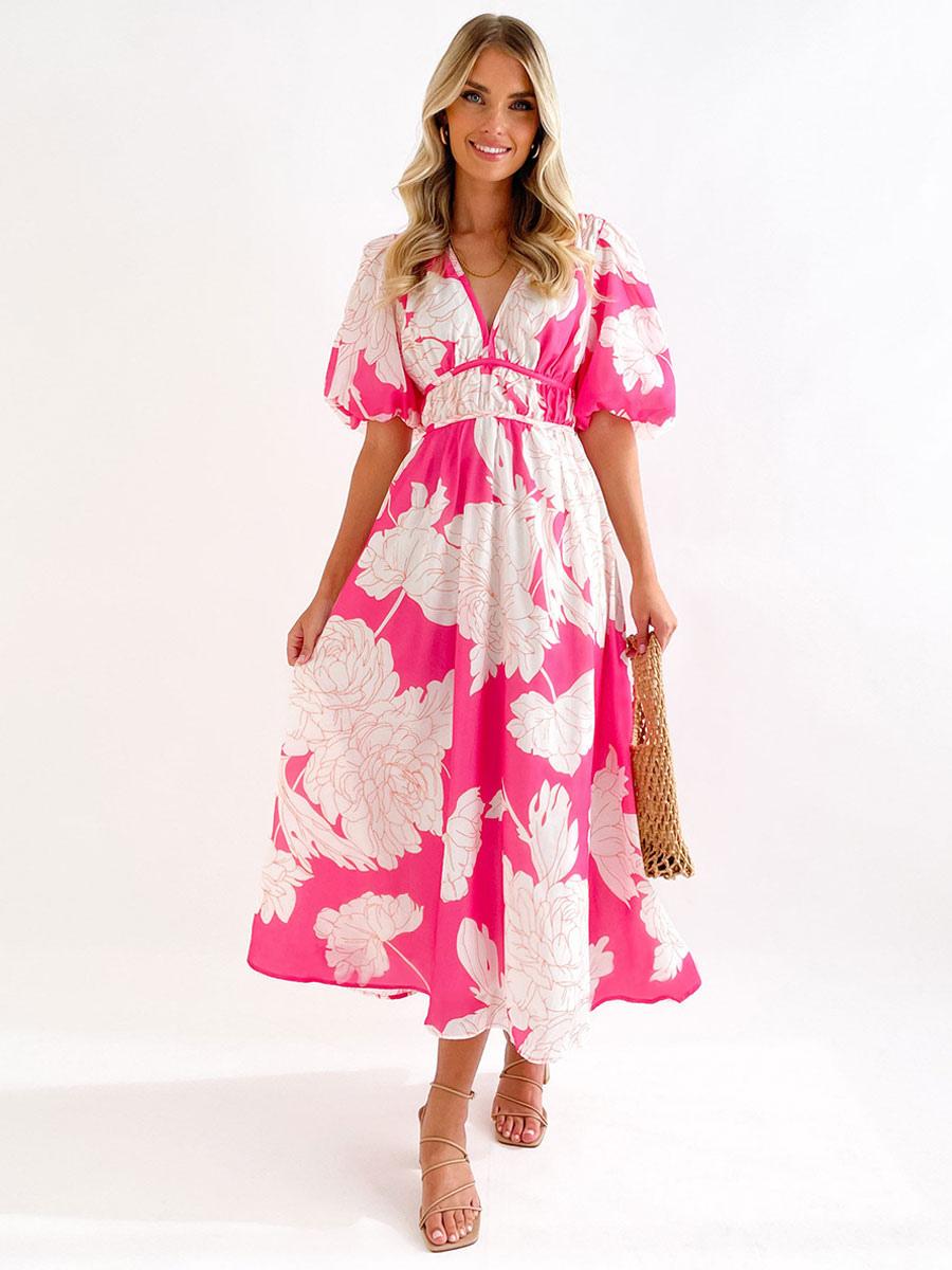 Elegant V-Neck Floral Print Long Beach Dress