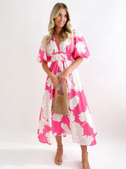 Elegant V-Neck Floral Print Long Beach Dress