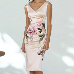 Elegant V Neck Floral Print Sleeveless Back Zippers Holiday Dress