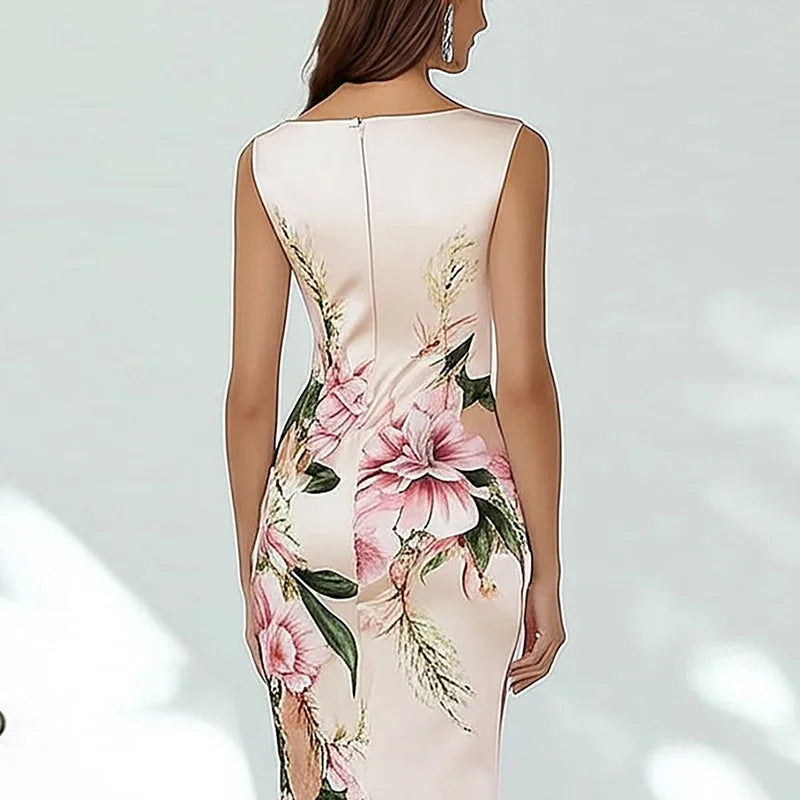 Elegant V Neck Floral Print Sleeveless Back Zippers Holiday Dress