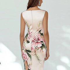 Elegant V Neck Floral Print Sleeveless Back Zippers Holiday Dress