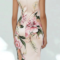Elegant V Neck Floral Print Sleeveless Back Zippers Holiday Dress