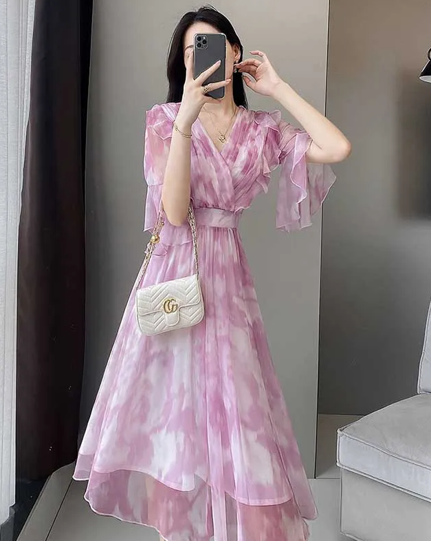 Elegant V-Neck Folds Ruffles Flare Sleeve Floral Loose Office Lady Midi Dress