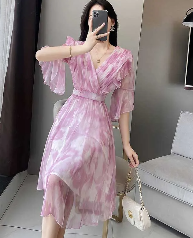 Elegant V-Neck Folds Ruffles Flare Sleeve Floral Loose Office Lady Midi Dress