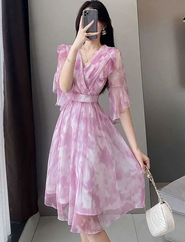 Elegant V-Neck Folds Ruffles Flare Sleeve Floral Loose Office Lady Midi Dress