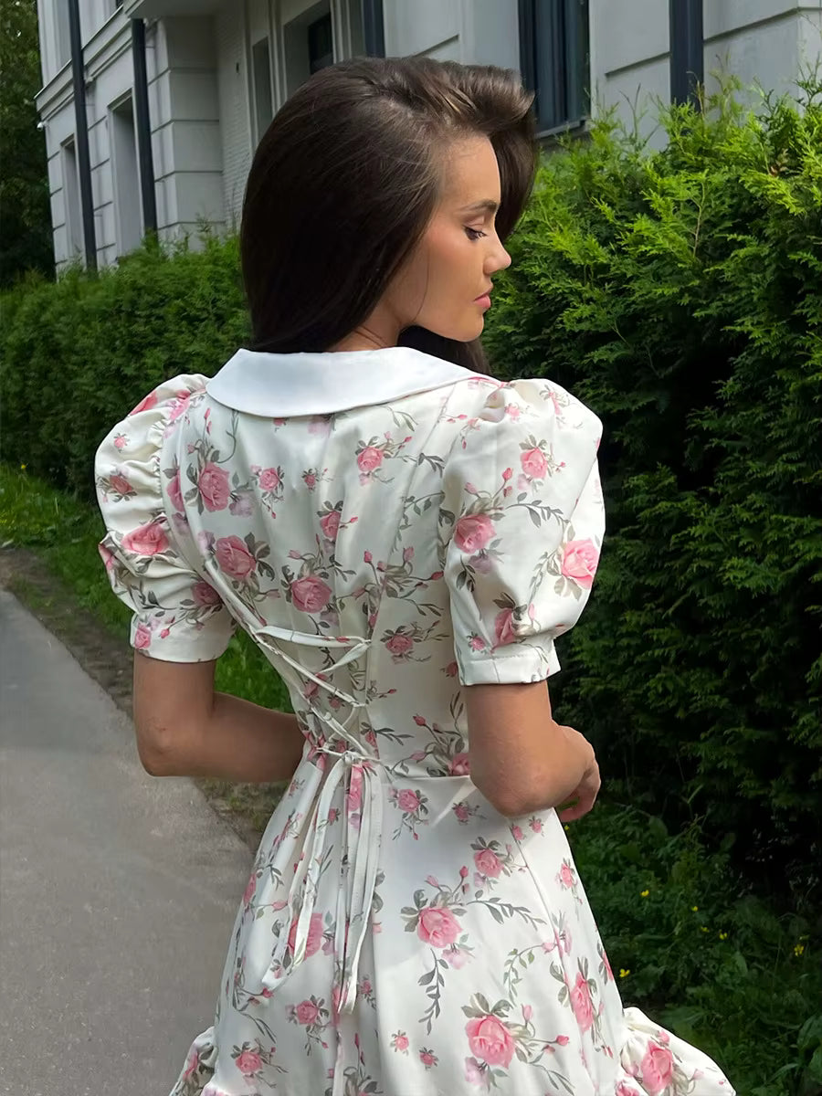 Elegant V-Neck High Waist Pearl Buttons Print Puff Sleeves Ruffled Mini Dress