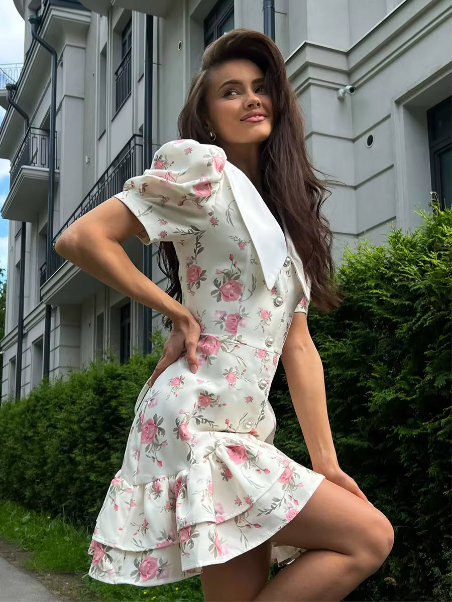 Elegant V-Neck High Waist Pearl Buttons Print Puff Sleeves Ruffled Mini Dress