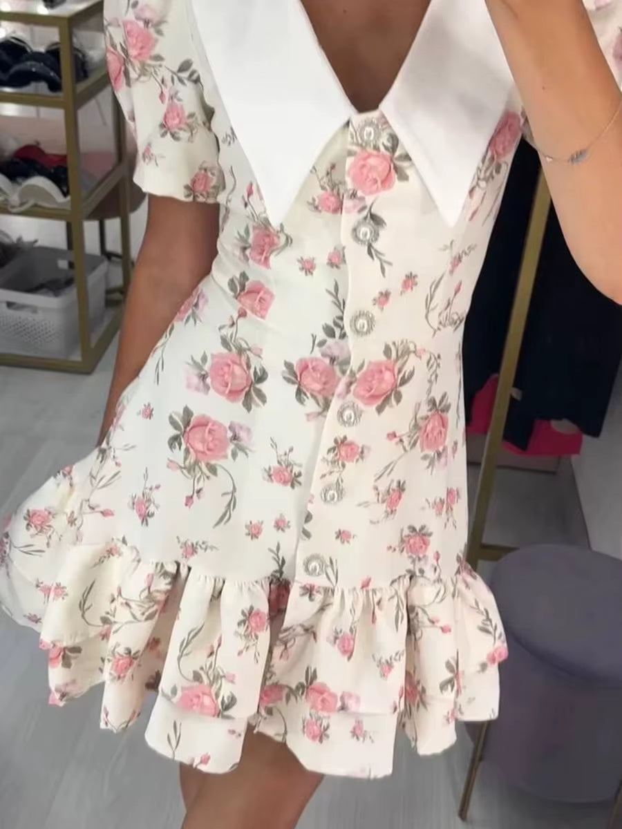 Elegant V-Neck High Waist Pearl Buttons Print Puff Sleeves Ruffled Mini Dress