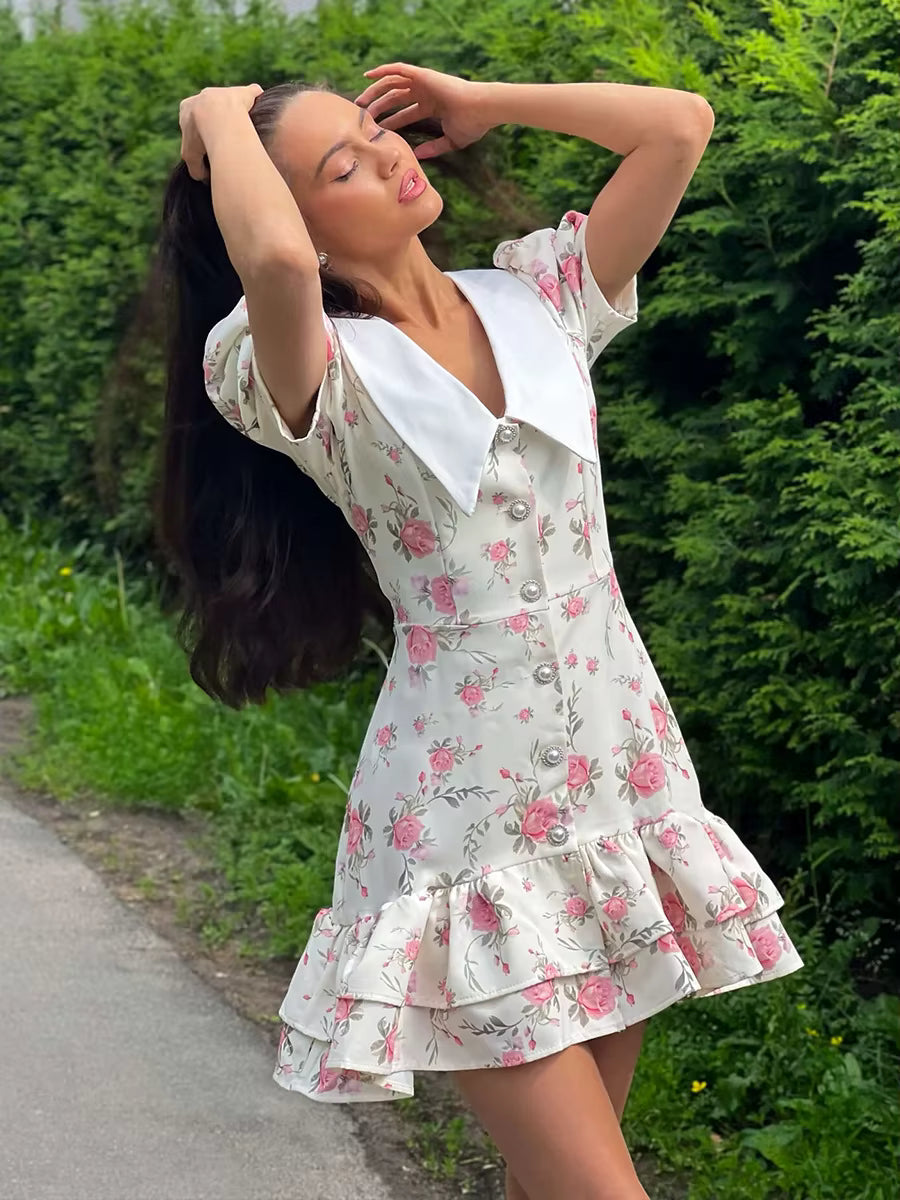 Elegant V-Neck High Waist Pearl Buttons Print Puff Sleeves Ruffled Mini Dress