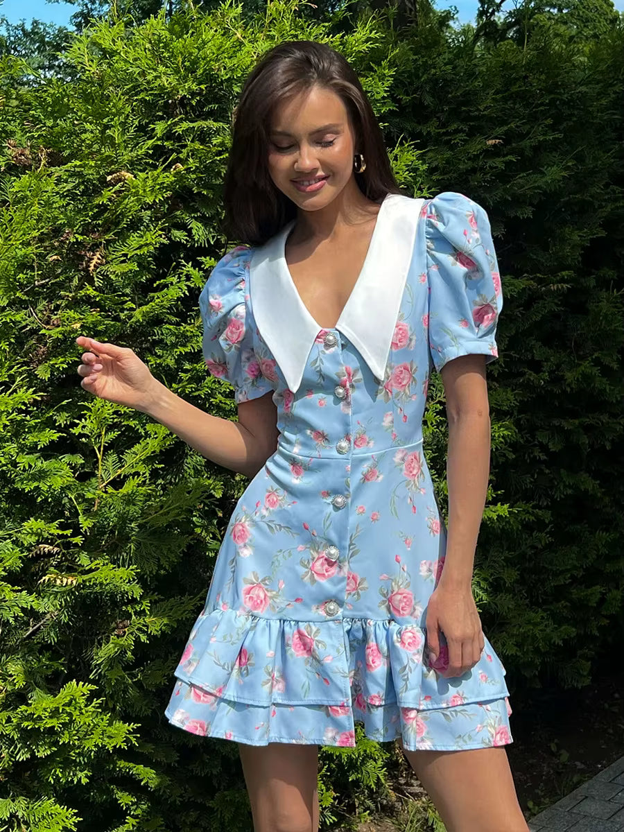 Elegant V-Neck High Waist Pearl Buttons Print Puff Sleeves Ruffled Mini Dress
