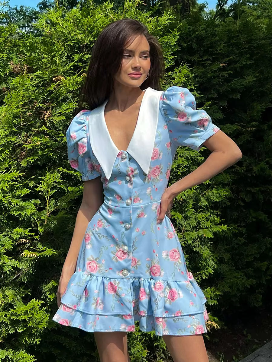 Elegant V-Neck High Waist Pearl Buttons Print Puff Sleeves Ruffled Mini Dress