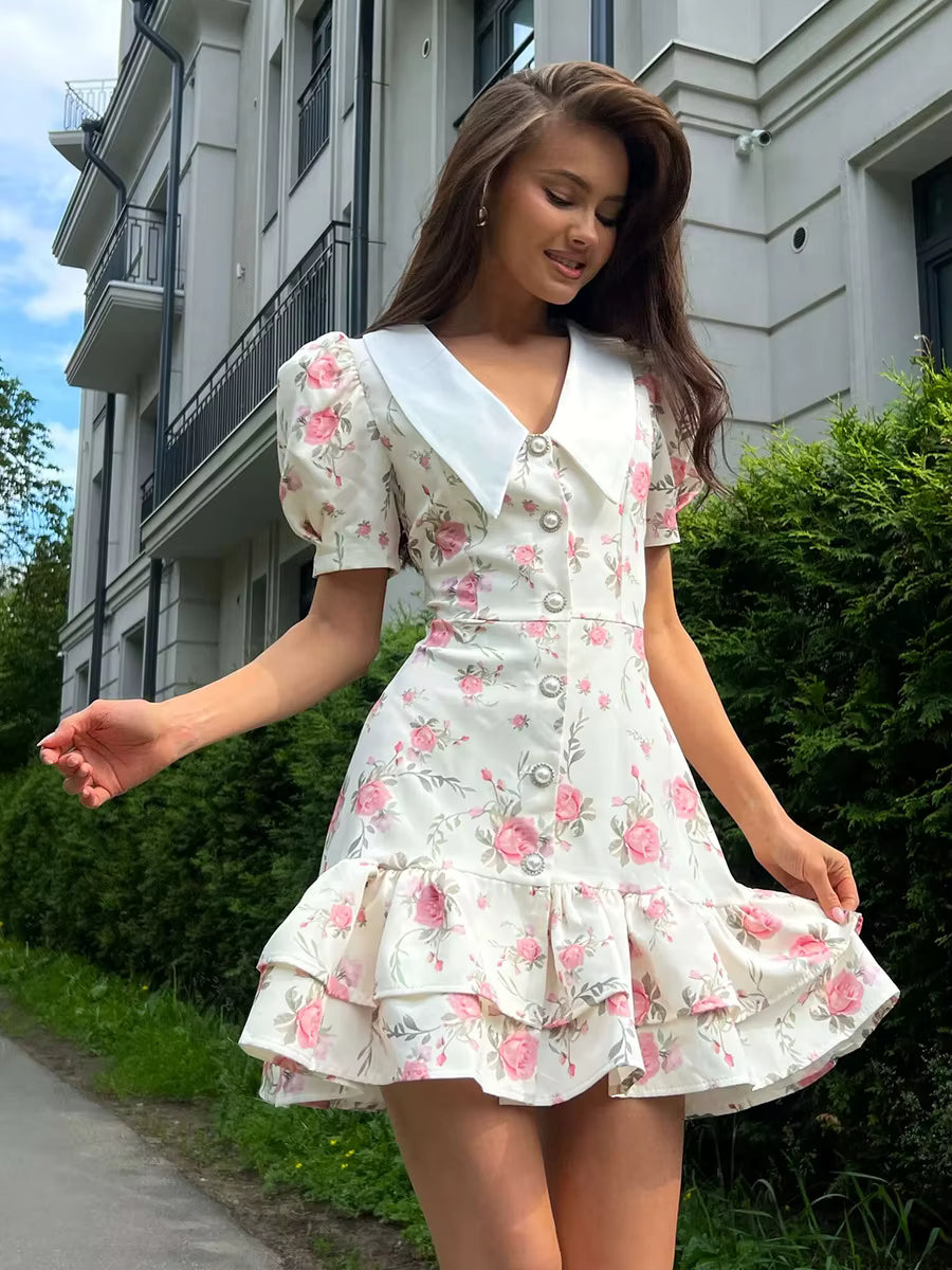 Elegant V-Neck High Waist Pearl Buttons Print Puff Sleeves Ruffled Mini Dress