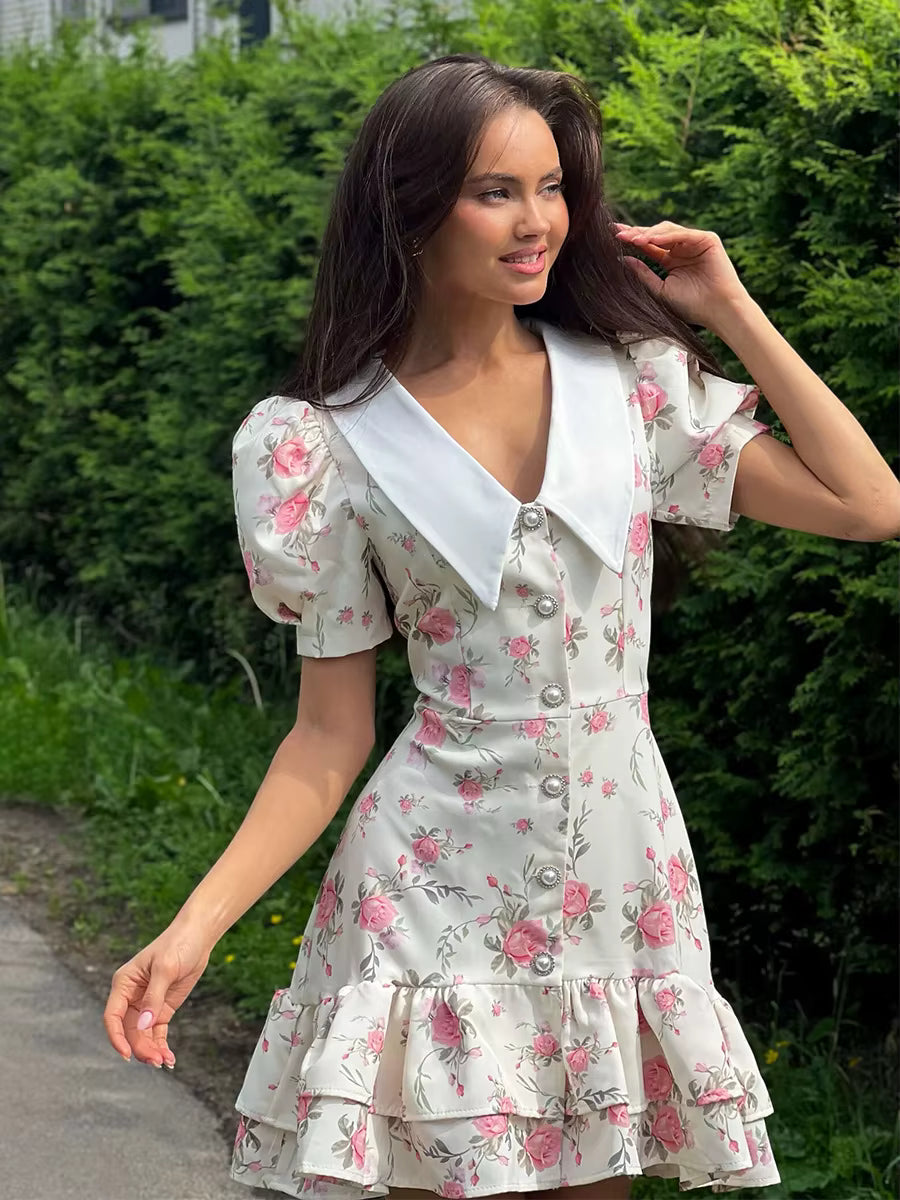 Elegant V-Neck High Waist Pearl Buttons Print Puff Sleeves Ruffled Mini Dress