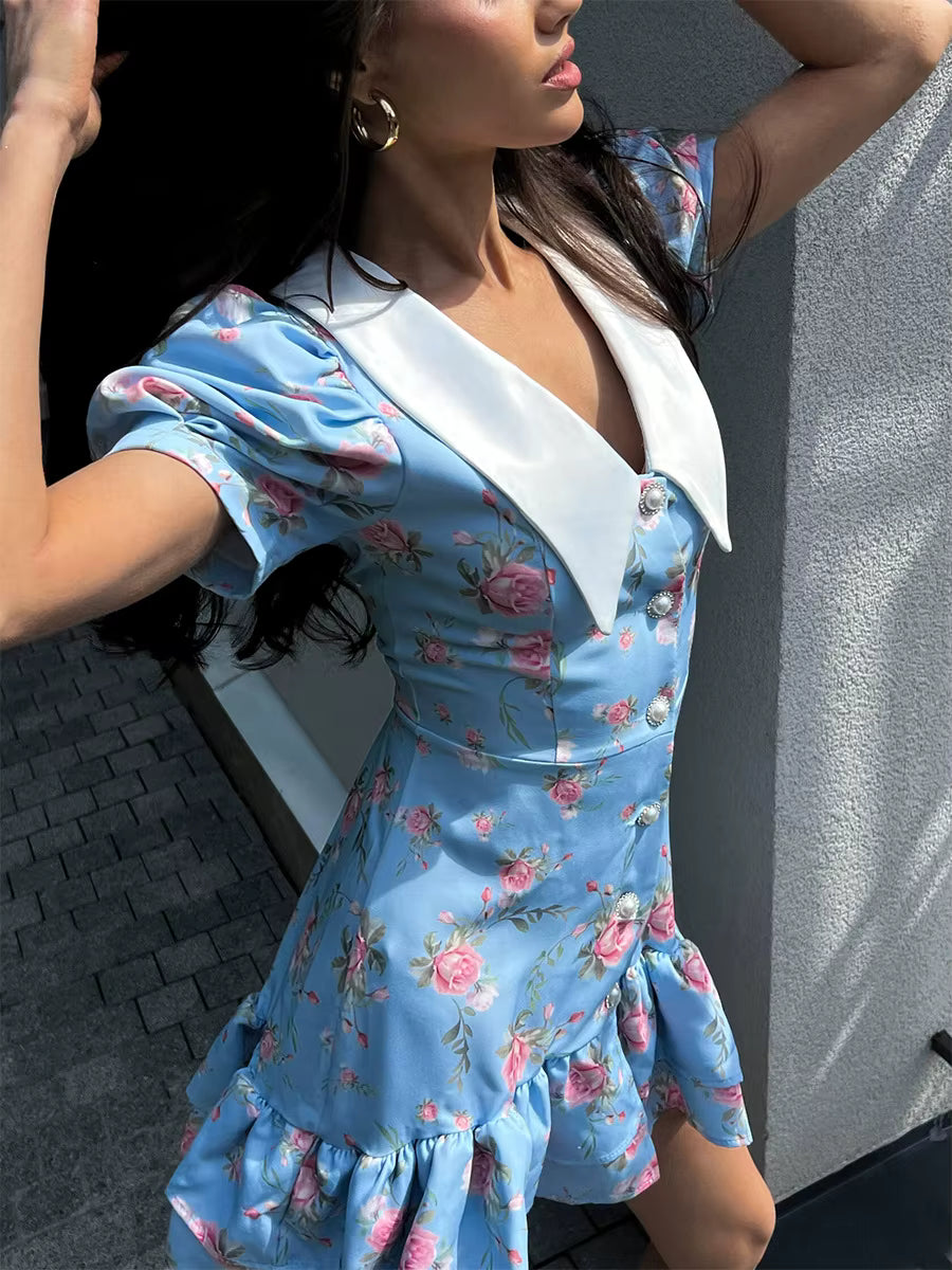 Elegant V-Neck High Waist Pearl Buttons Print Puff Sleeves Ruffled Mini Dress